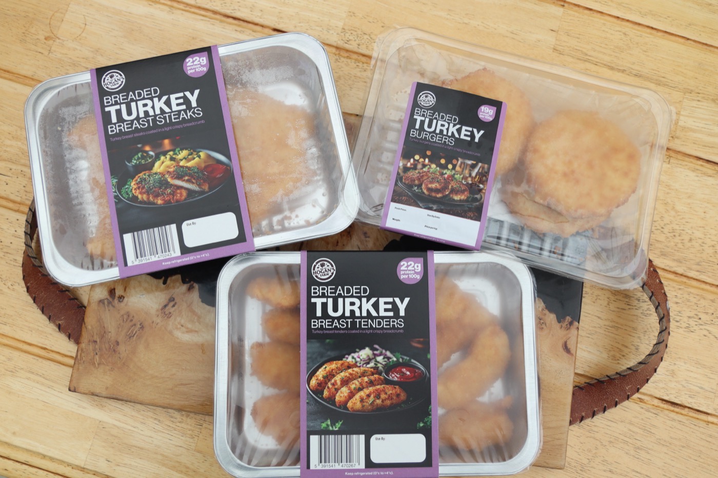 Breaded turkey steaks, tenders and burgers