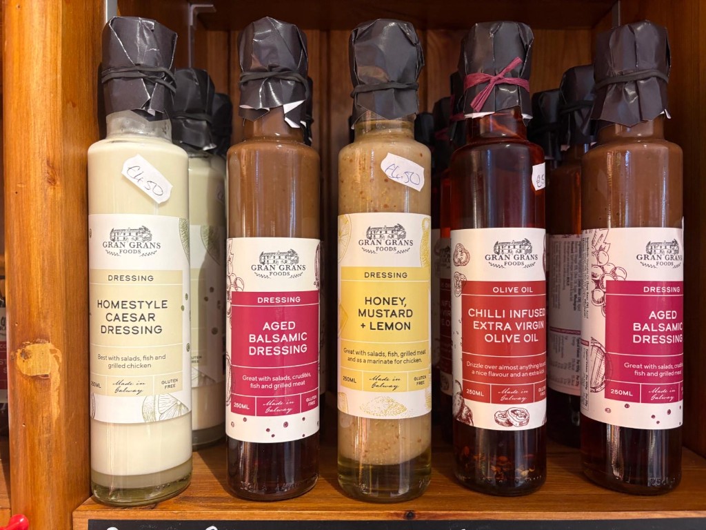 Gran Grans Foods dressings and chilli infused olive oil on the farm shop shelf