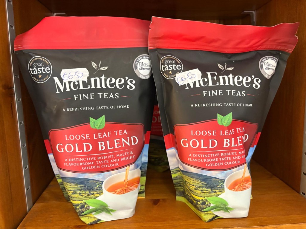 McEntee's Fine Teas Gold Blend loose leaf tea packs on the farm shop shelf
