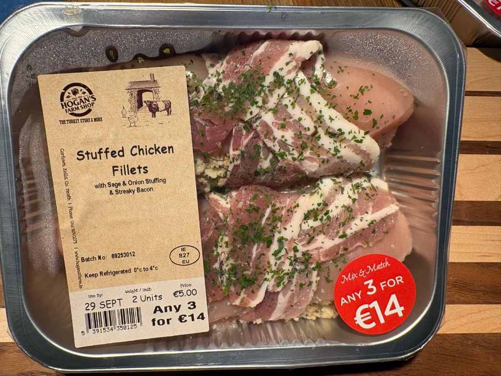 Hogan’s Farm Shop stuffed chicken fillets with sage and onion stuffing and streaky bacon