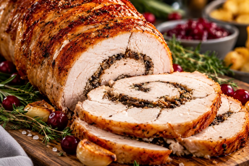 Roast turkey roulade with black pudding stuffing and streaky bacon from Hogan’s Farm